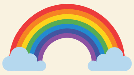 Fototapeta premium Arching band of seven stripes running from red through violet, its ends tucked behind two pale sky-blue puffs on a creamy backdrop, flat vector weather icon about hope after rain