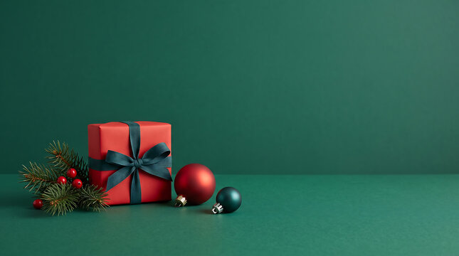Festive christmas gift with ornaments and winter greenery on a dark teal background