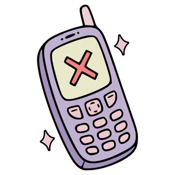 Cute hand drawn retro mobile phone illustration with error sign on screen