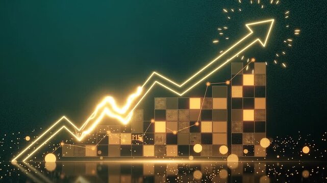 Golden arrow chart rising with glowing particles and digital cubes during a financial growth concept
