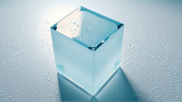 Ice cube glistens, covered with water droplets. Coolness radiates from translucent form, reflecting light beautifully. Simple, elegant presentation.