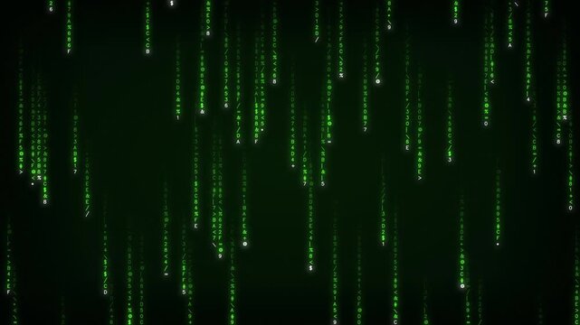 Digital rain of green binary code cascading down a dark background, evoking a sense of futuristic technology and data flow.
