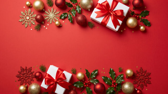 Festive christmas decorations with gifts ornaments and snowflakes on a red background