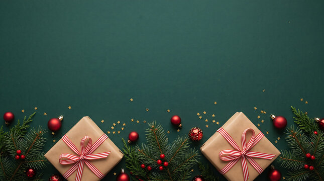 Festive christmas background with gifts ornaments and evergreen branches on a dark teal surface