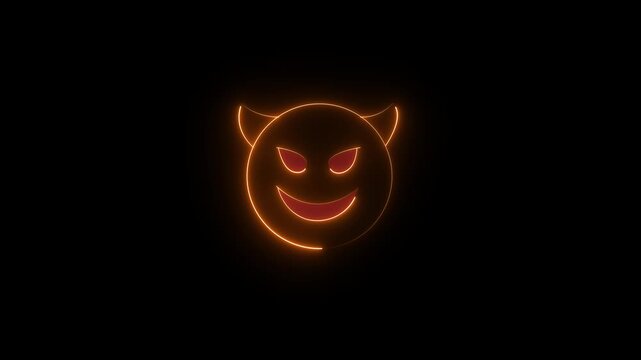 Glowing neon devil icon animation . glowing neon demon emoticon. devil with grin face 4k video.