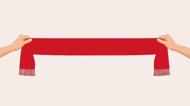 Two hands stretching a long red knitted scarf with fringed ends across a soft cream background, flat vector illustration about stretching limits and winter warmth