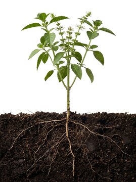 Basil Plant Growing in Soil Cross Section with Long Taproot and White Flowers Organic Herb Farming