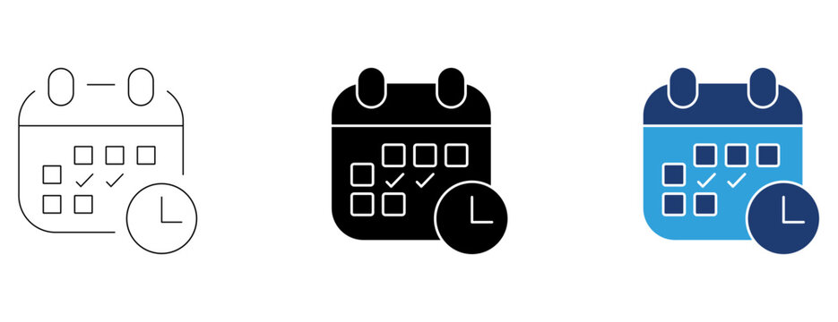 Calendar and clock icon set featuring outline, solid, and colored duotone styles for scheduling, time management, and event planning interfaces.