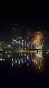 Fireworks, Brankov Bridge and Belgrade water front during national holiday, Belgrade, Serbia. g2.