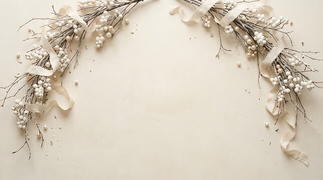Elegant white berry branches with silk ribbon frame on soft neutral background for wedding or winter holiday decor