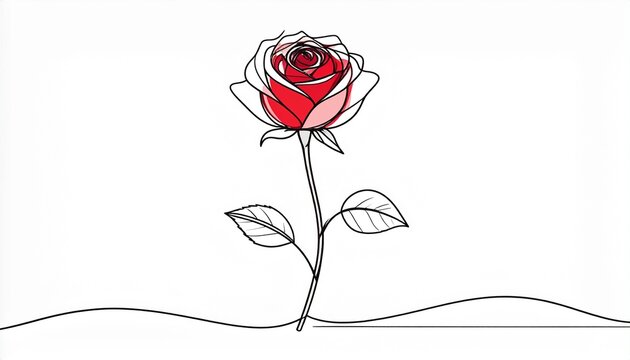 Minimalist continuous line art of a single red rose flower.