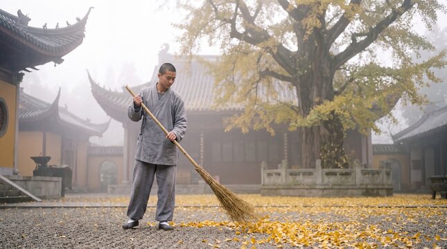 Retreat Guest Sweeping Temple Courtyard With Bamboo Broom in Morning Mist