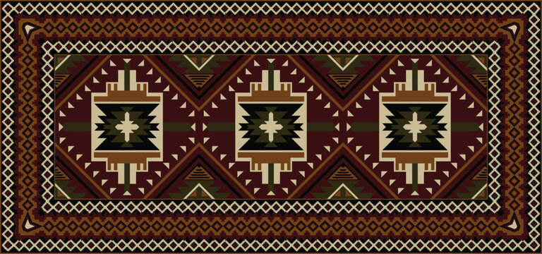 Long rug with geometric patterns and tribal-style elements, in red.
