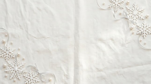 White decorative snowflakes and elegant silver ribbons on a soft crumpled off-white linen fabric background