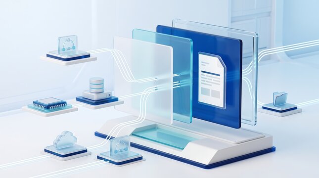 Glass interface layers with document icon and server nodes connected by light trails on white minimalist background representing cloud storage and data synchronization