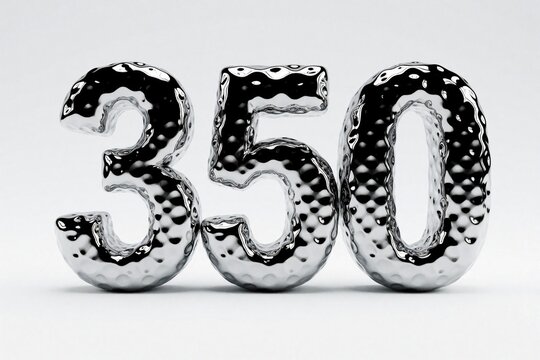 Three hundred fifty number with hammered silver metal texture. Shiny chrome 3D digits show bumpy liquid metallic surface. Abstract silver numeral 350 design element on white background for