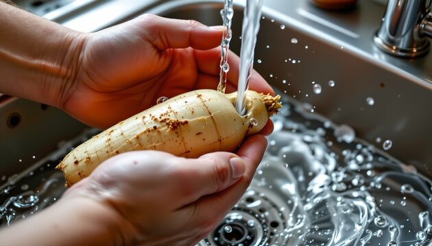 A pair of hands are washing a large, white vegetable under running water in a kitchen sink