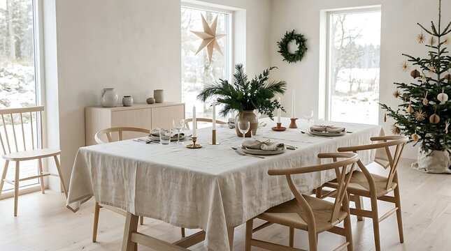 Minimalist dining room set for Christmas dinner with linen tablecloth wooden chairs and festive spruce tree decorations