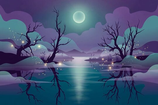Foggy swamp at night with dead trees and full moon reflection, flat vector illustration