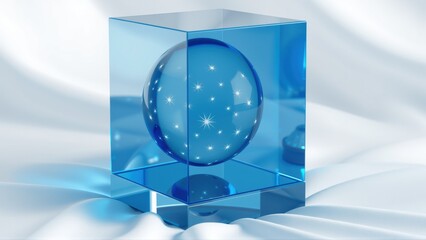 Fototapeta premium Blue cube contains glowing sphere. Stars visible inside, resting on soft surface. Minimalist design, futuristic feel.