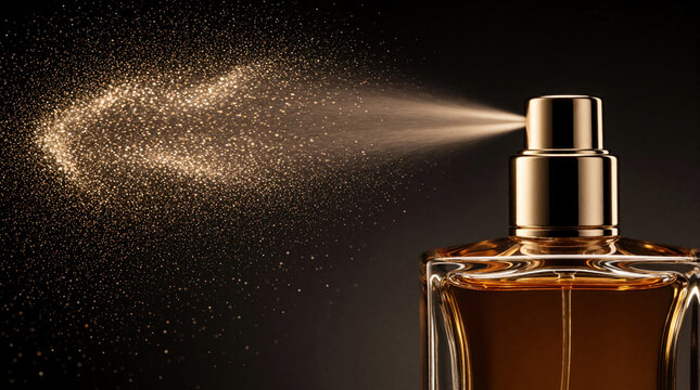 Luxury perfume bottle sprays golden mist in dark space. Shimmering gold particles create elegant spray pattern with dynamic motion. Expensive fragrance scent cloud glows against black background.