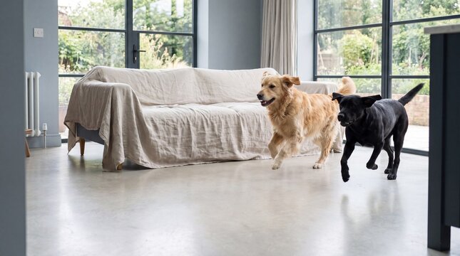 Two Dogs Running Across Durable Polished Concrete Floor in Open Plan Home
