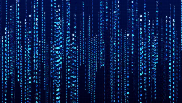 Blue binary code rain on dark grid background