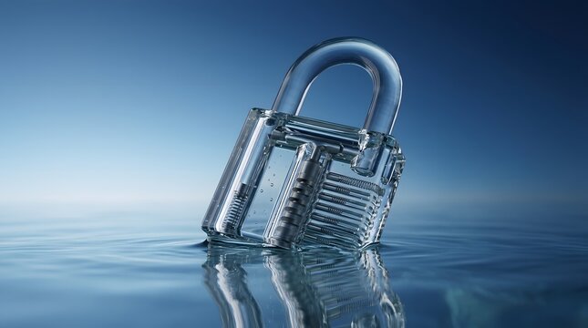 Transparent padlock resting in water with reflections security and privacy concept with a clear lock