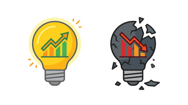 Business Growth and Failure Concept Illustration with Glowing and Broken Light Bulbs showing Rising and Falling Stock Market Bar Graphs