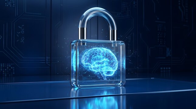 Transparent padlock with a glowing brain inside representing cybersecurity and intellectual property protection