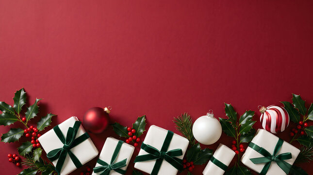 Festive christmas decorations with gifts ornaments and holly on a red background