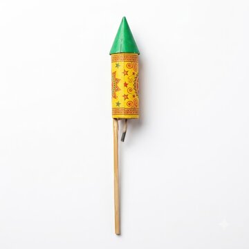 single green and gold sky rocket firework on wooden stick isolated on white background.
