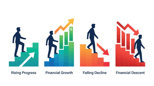 Business Growth and Financial Decline Concept Illustrations with Rising and Falling Arrows, Infographic Set showing Success and Failure on Staircase Graphs