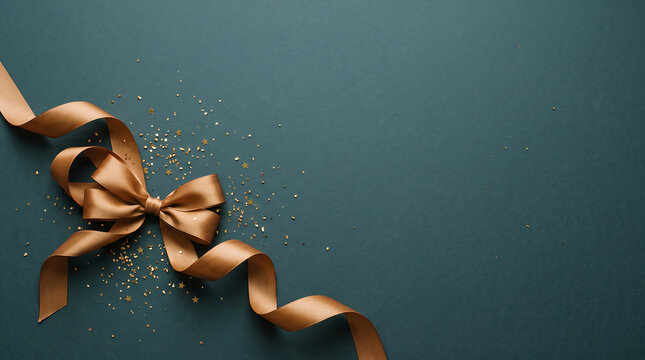 Elegant gold ribbon bow and scattered glitter on a dark teal background