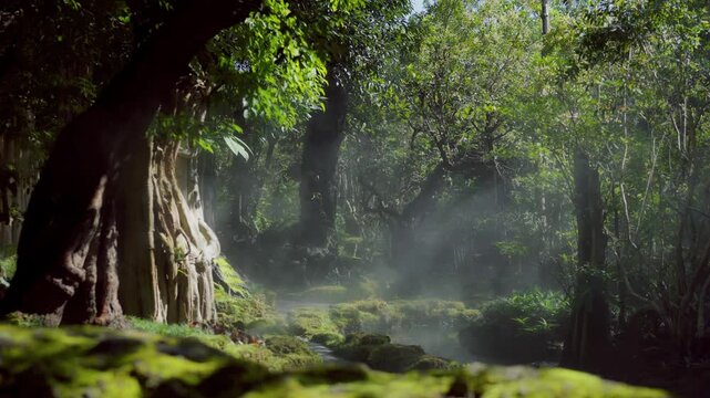 Morning sunlight amidst the forest; beams of light streaming through the trees.