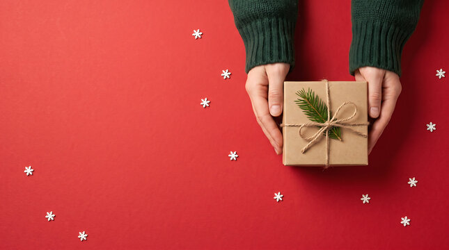 Hands holding a small kraft gift box with twine and greenery on red background