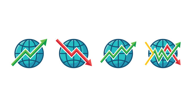 Global Economy Market Trends Icons Set - World Trade Growth and Financial Decline Vector Illustration