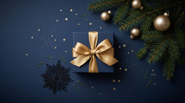 Elegant christmas gift with golden ribbon and ornaments on a dark blue background