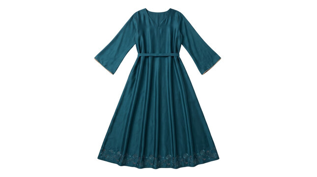 Emerald green modest dress with long sleeves, elegant teal abaya with embroidered hem and belt, traditional pleated maxi gown isolated PNG with Transparent Background