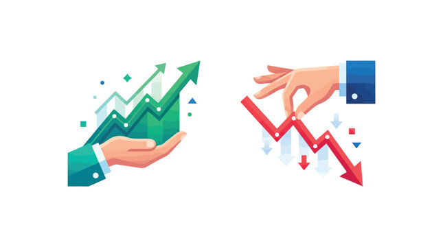 Business Growth and Market Decline Vector Illustration - Concepts of Financial Profit and Loss, Stock Market Volatility, Economic Success, and Risk Management