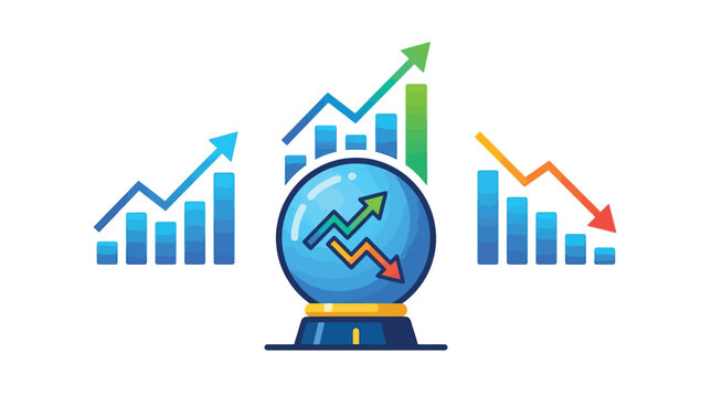 Business Forecasting and Market Trend Analysis Concept Illustration with Crystal Ball and Financial Graphs