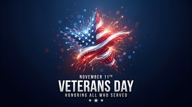 Veterans day november 11, template american fireworks blue sky background. Fireworks US flag. November 11th Happy Veterans Day, USA national holiday. Banner, poster, greeting card. ... 