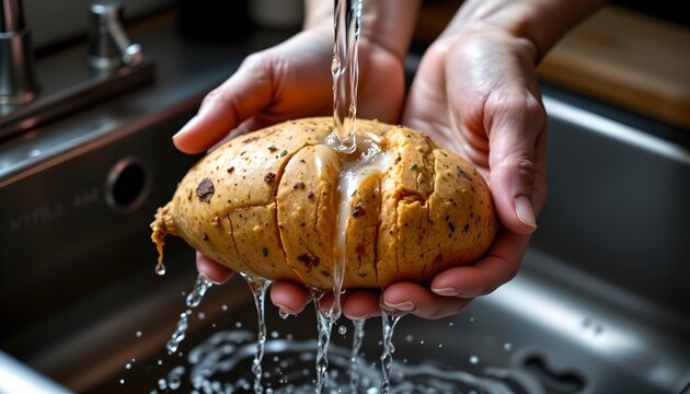 A pair of hands is holding a large baked potato under running water in a sink. Water is pouring onto the potato, creating splashes and flowing down its surface