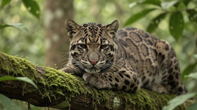 Cinematic Close Up of a Clouded Leopard Resting on a Moss Covered Rainforest Branch with Golden Eyes and Detailed Fur
