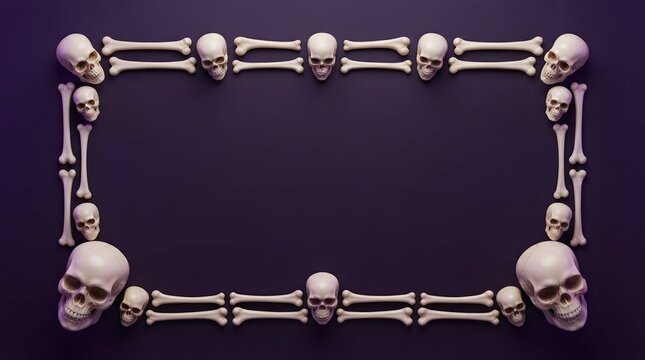A rectangular frame made of human skulls and white bones arranged on a dark purple background for a spooky halloween holiday greeting card