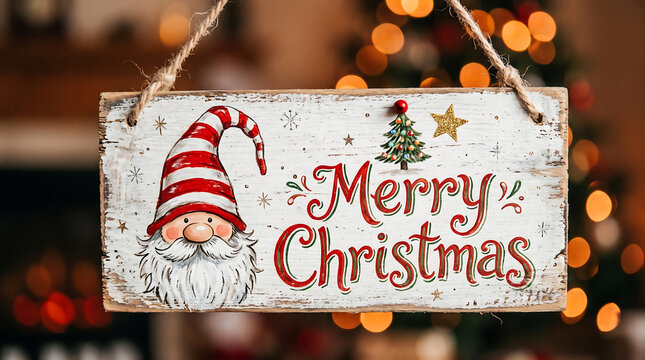 Rustic wooden sign with a painted gnome and the words merry christmas