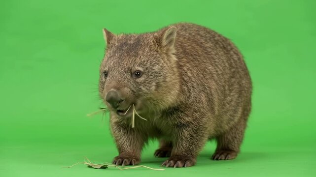 Brown wombat munching dry grass on chroma key green screen
