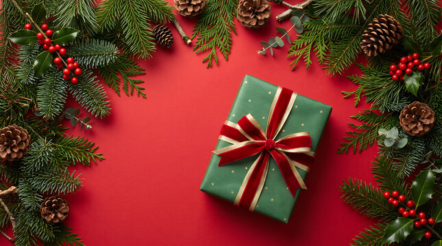 Festive christmas gift with evergreen branches pinecones and red berries on red background