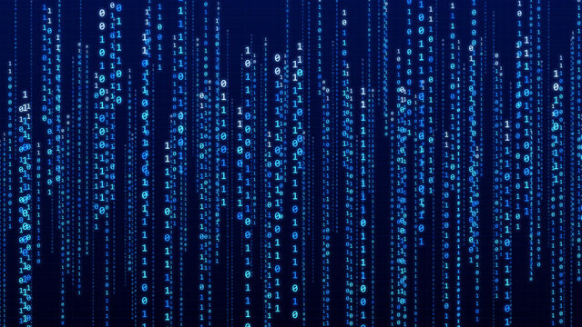 Blue binary code rain on dark grid background