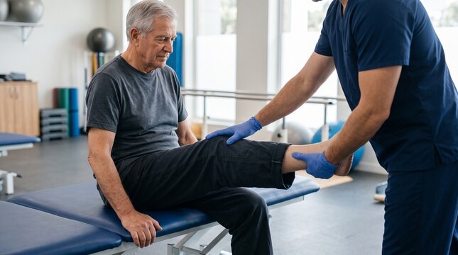 Senior man receiving knee physical therapy from professional clinician
